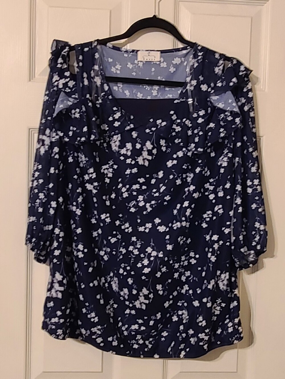 Ember Women’s Navy Floral Ruffle Cold Shoulder Blouse - Size 2x